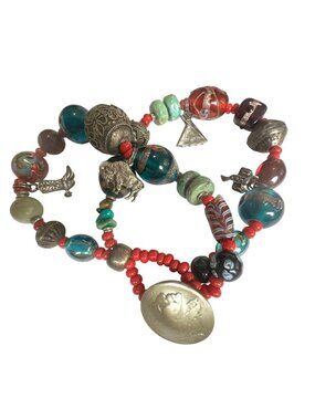 Vintage Beaded Bracelet W/ Indian Head Coin Glass Beads & Charms 8.5"